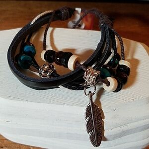 Beaded Rhinestone Silver Tone Feather Vegan Leather Adjustable Bracelet